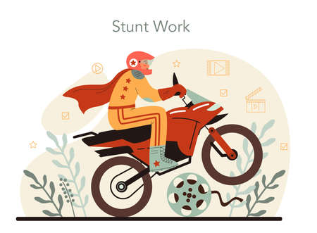 Stuntman concept. Actor performing dangerous stunt on motorcycleのイラスト素材