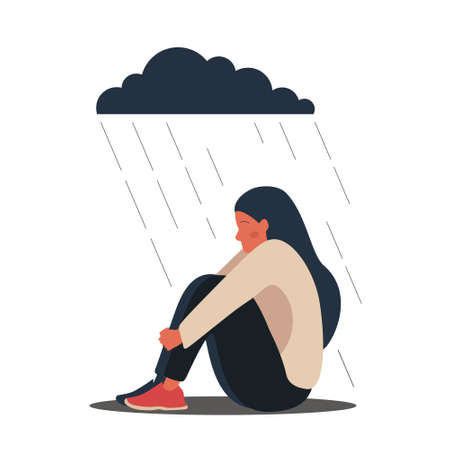 Loneliness concept. Lonely character with depression and sadness. Young unhappyのイラスト素材