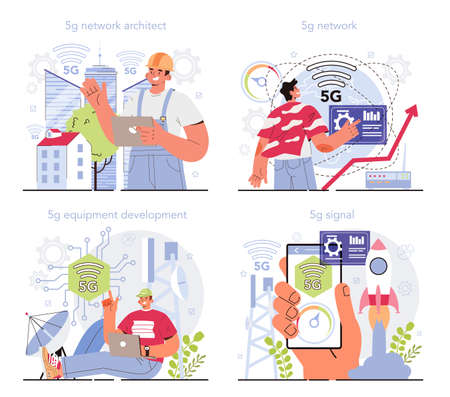 5G network architect concept set. 5G wireless network equipment