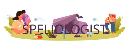 Speleologist typographic header. Scientst exploring deep caveのイラスト素材