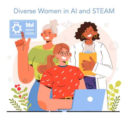 Diverse women in AI and STEM concept. Female character worksのイラスト素材