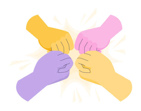 Hands of group of people putting together. Characters supportingのイラスト素材