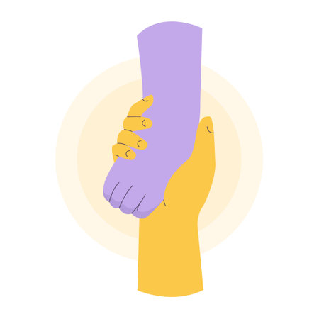 Hands of group of people putting together. Characters supportingのイラスト素材