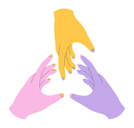 Hands of group of people putting together. Characters supportingのイラスト素材