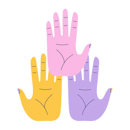 Hands of group of people putting together. Characters supportingのイラスト素材