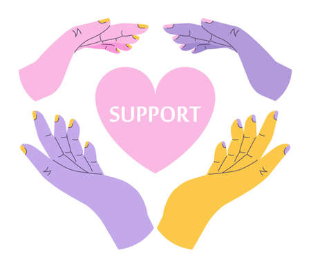 Hands of group of people putting together. Characters supporting