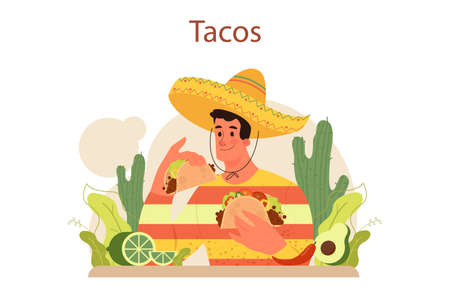 Tacos. Traditional mexican fast-food with meat and vegetableのイラスト素材