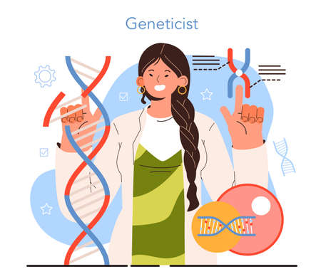 Diverse women in science concept. Female character works with DNA moleculeのイラスト素材