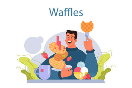 Waffles. Sweet Belgian pastries with cream topping and fruits.のイラスト素材