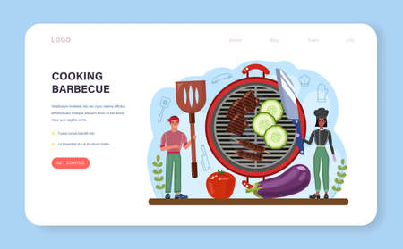BBQ steak web banner or landing page set. Grilled meat with vegetablesのイラスト素材