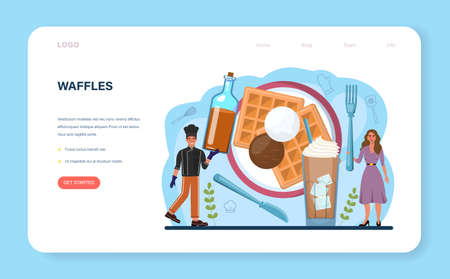 Waffles web banner or landing page. Sweet Belgian pastries with creamのイラスト素材