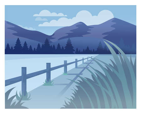 Mesmerizing landscape in anime style. Beautiful countryside sunsetのイラスト素材