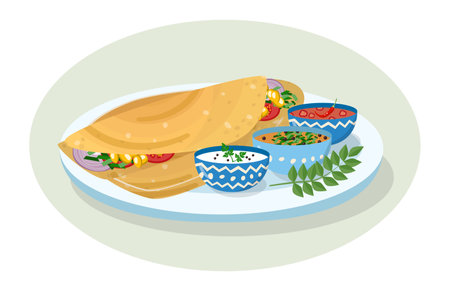 Dosa illustration. Popular south Indian food served in plate with sambarのイラスト素材