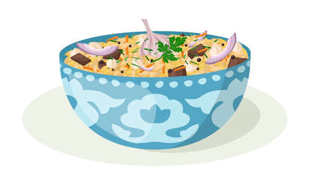 Pilaf illustration. Traditional uzbek dish with rice, vegetables and meatのイラスト素材