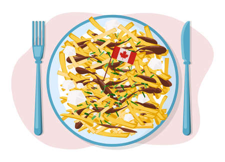 Poutine illustration. Canadian quebec quisine. French fries and cheese