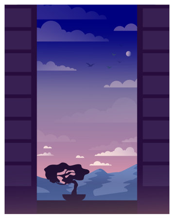 Mesmerizing landscape in anime style. Beautiful countryside sunsetのイラスト素材