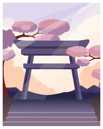 Mesmerizing landscape in anime style. Beautiful countryside sunsetのイラスト素材