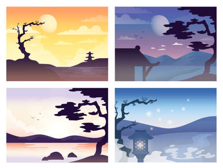 Mesmerizing landscape in anime style. Beautiful countryside sunsetのイラスト素材