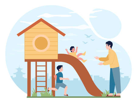 Asian dad and kids together. Family gathering outside, spendingのイラスト素材