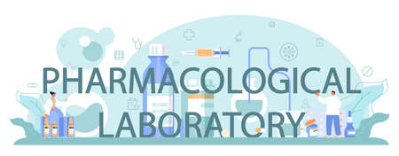 Pharmacological laboratory typographic header. Pharmacist preparing and sellingのイラスト素材