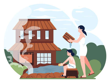 Happy asian family bathing at onsen. Parents with children relaxingのイラスト素材