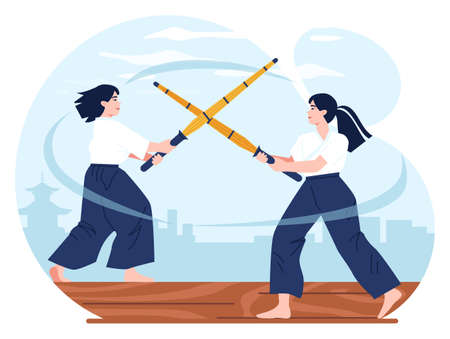 Japanese martial art. Fighter in traditional clothes performing fightingのイラスト素材