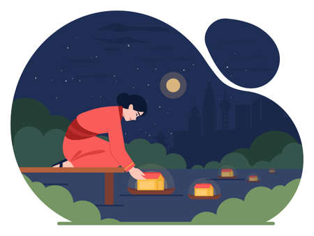 Traditional chinese festivities. Happy characters family celebrateのイラスト素材