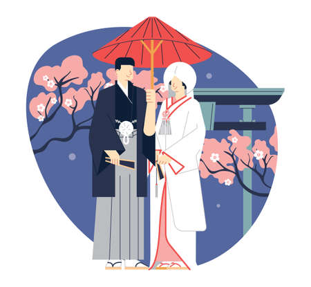 Wedding couple of color. Happy diverse wedding couple wearingのイラスト素材