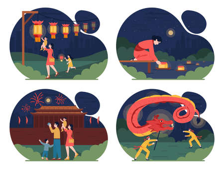Traditional chinese festivities set. Happy characters family celebrateのイラスト素材