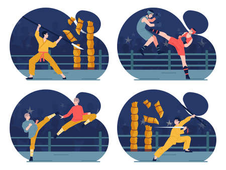 Chinese martial arts set. Characters fighting with a saber, and a swordのイラスト素材