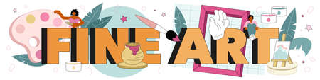 Fine art typographic header. Art education, student holding art