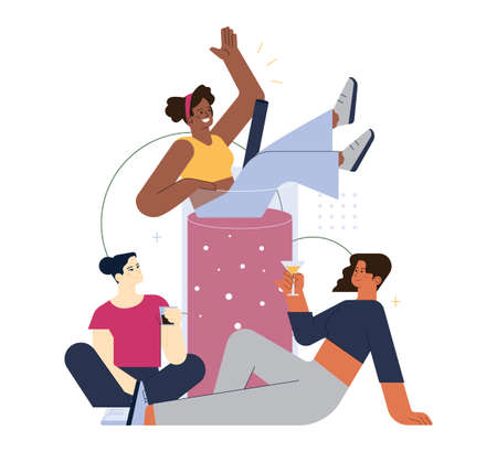 Happy friends spend time together. Party or meeting at cafe, barのイラスト素材