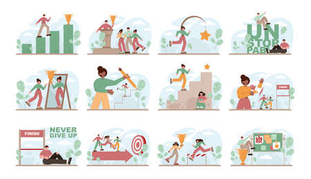 Motivation concept set. Employee motivation for career goals achievement.のイラスト素材