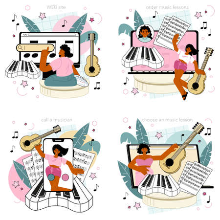Music school or course online service or platform set. Students learnのイラスト素材