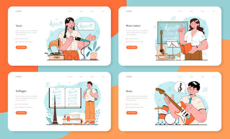 Music school or course web banner or landing page set. Students learnのイラスト素材