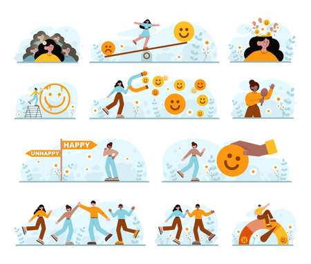 Happiness concept set. People showing positive emotions. Joyfullのイラスト素材