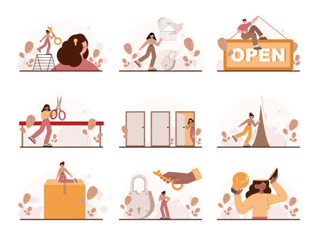 Opening concept. Character open something new. Path to the futureのイラスト素材