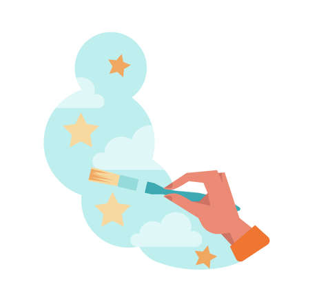 Imagination and creativity concept. Character imagining and dreaming.のイラスト素材