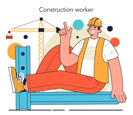 Builder. Workers constructing house with tools and materialsのイラスト素材