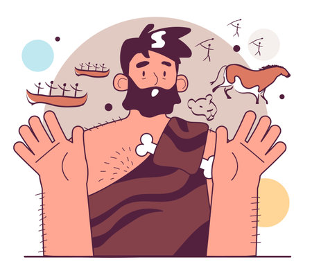 Prehistoric art. Caveman process simple illustration, animal and people figuresのイラスト素材