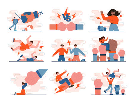 Two groups of people fighting, battle among people set. Business or socialのイラスト素材