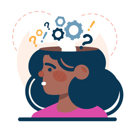 Thinking process. Character full of thoughts searching for an answerのイラスト素材