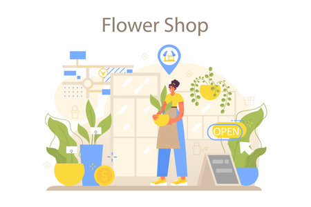 Florist concept. Floral designer growing plants, making or arrangingのイラスト素材