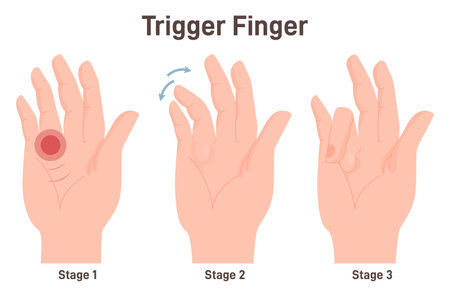 Trigger finger or finger lock. Disease causing pain, stiffness, and a sensationのイラスト素材
