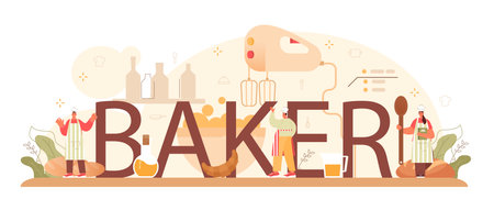 Baker typographic header. Chef in the uniform baking bread. Baking pastryのイラスト素材