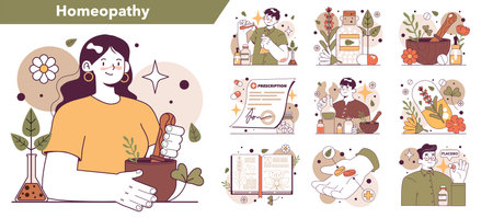 Homeopathy set. Traditional herbal medicine as an alternativeのイラスト素材