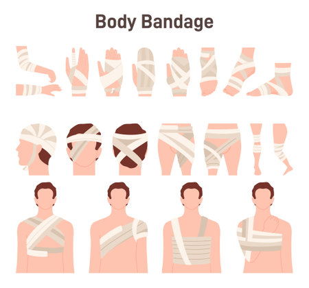 Trauma bandaging technique, first aid set. Injured human body partsのイラスト素材