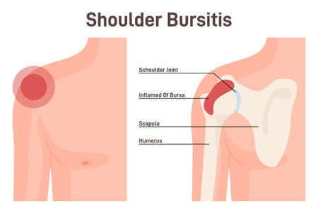 Bursitis. Shoulder joint inflammation. Inflamed or irritated bursaeのイラスト素材