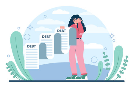 Debt concept. Character with a loan liability. Problem with financeのイラスト素材