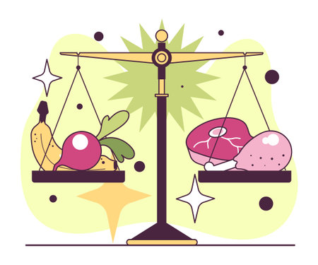 Meat-eating vs vegetarianism. Meat and vegetables on scales. Diet comparisonのイラスト素材